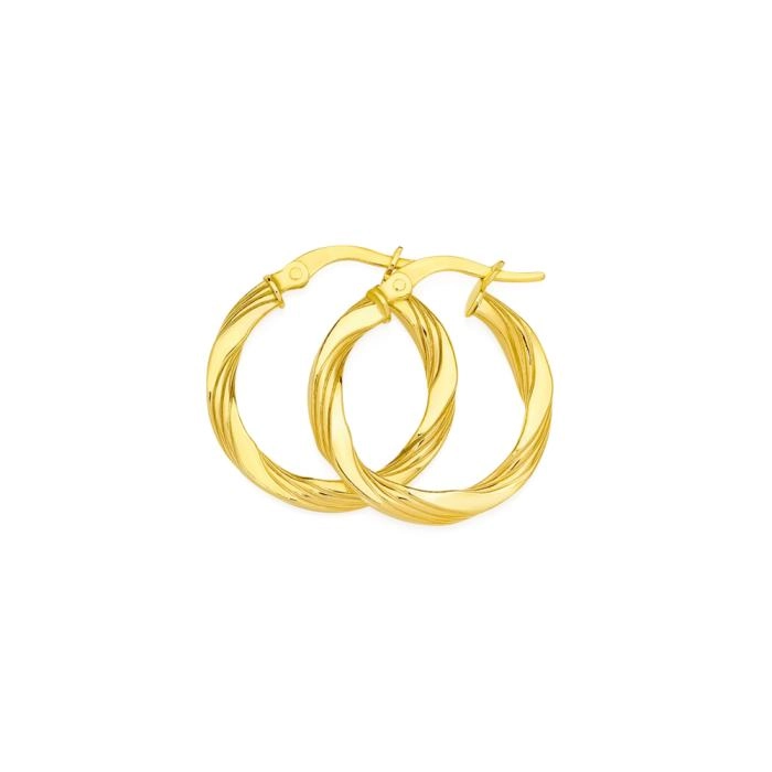 9ct Gold 15mm Plain and Twist Hoop Earrings