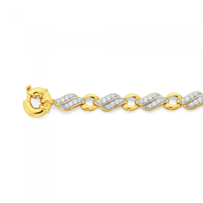 9ct Gold 18.5cm Solid Flame Links Cubic Zirconia Bolt Ring Bracelet