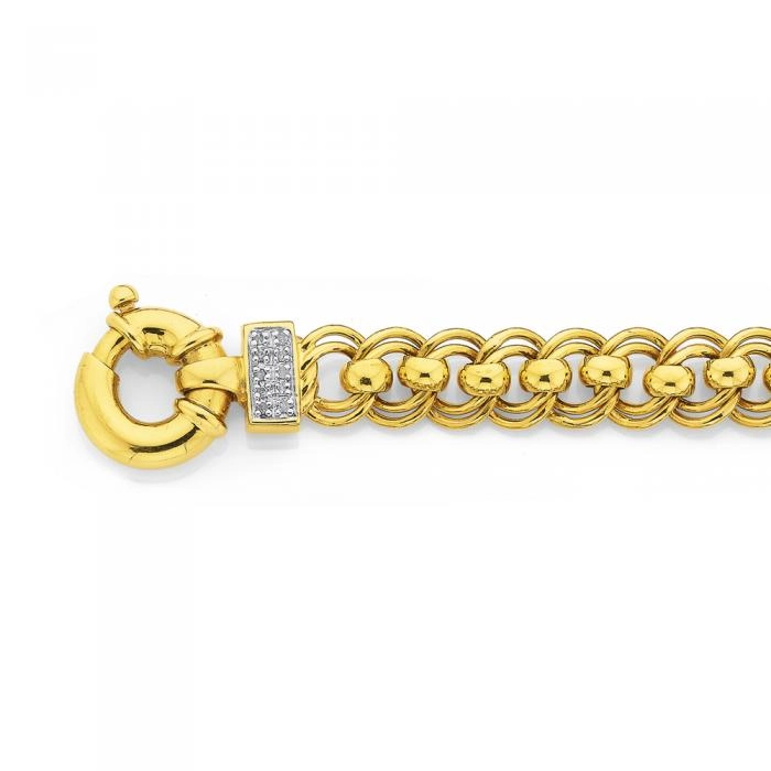 9ct Gold 19cm Solid Double Rollo Bolt Ring Bracelet with Diamond Accents