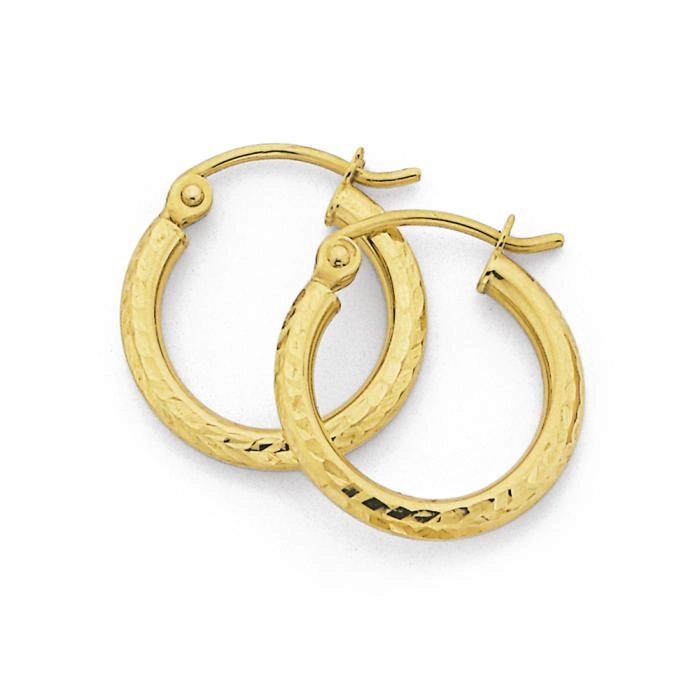 9ct Gold 2x10mm Diamond-Cut Hoop Earrings