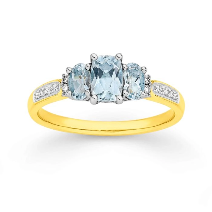 9ct Gold Aquamarine & Diamond Trilogy Shoulder Ring