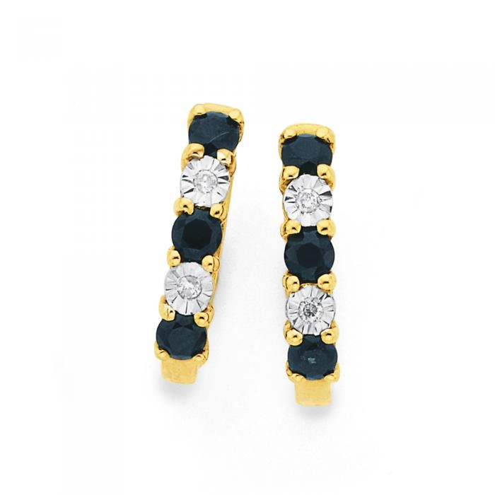 9ct Gold Black Sapphire & Diamond Huggie Earrings