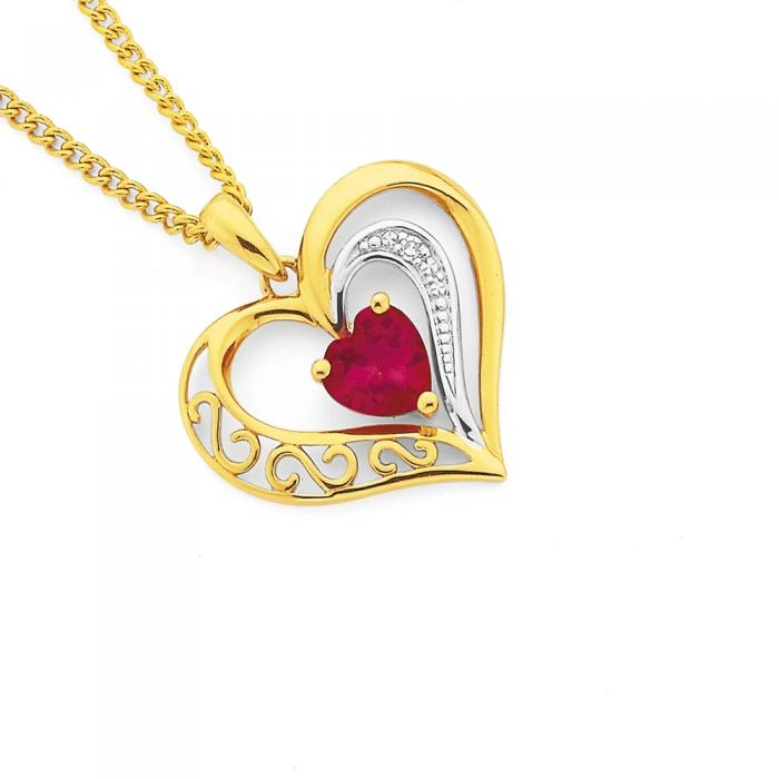 9ct Gold Created Ruby & Diamond Heart Pendant