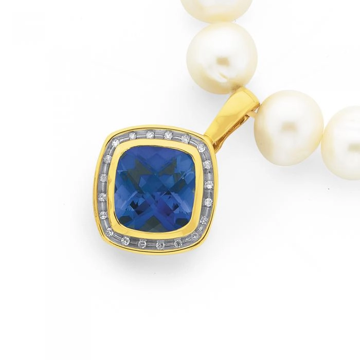 9ct Gold Created Sapphire & Diamond Cushion Cut Enhancer Pendant