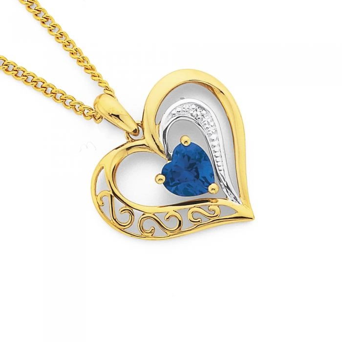 9ct Gold Created Sapphire & Diamond Filigree Open Heart Pendant