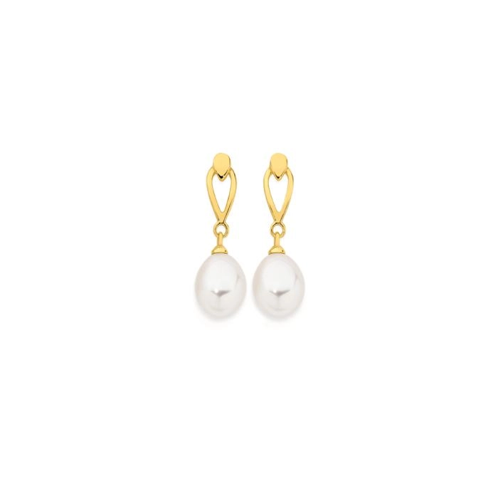 9ct Gold Cultured Fresh Water Pearl Open Tear Drop Stud Earrings