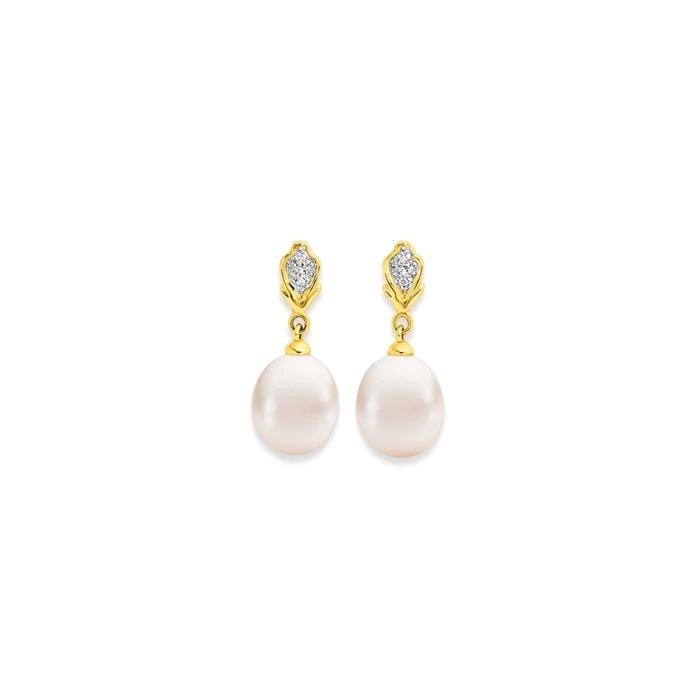 9ct Gold Cultured Freshwater & Diamond Drop Earrings