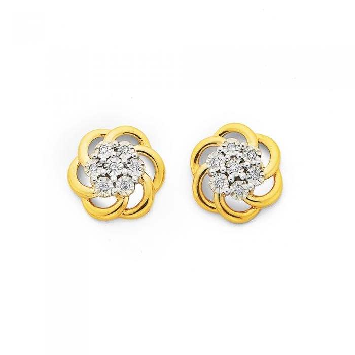 9ct Gold Diamond Swirl Flower Stud Earrings