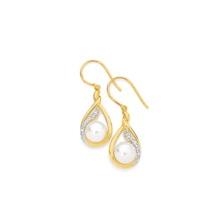 9ct Gold Freshwater Pearl & Diamond Earrings