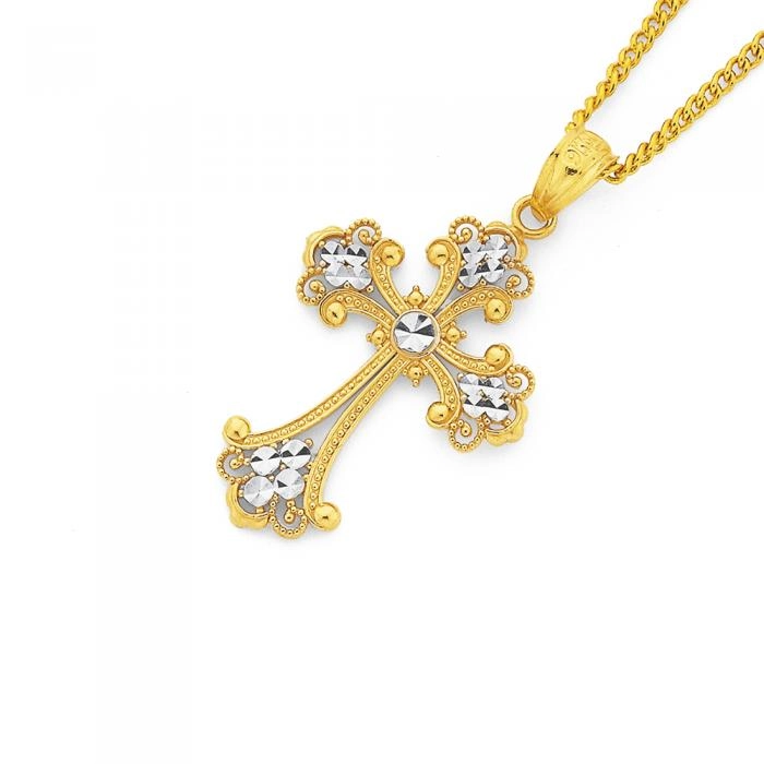 9ct Gold Two Tone 21mm Filigree Ends Cross Pendant