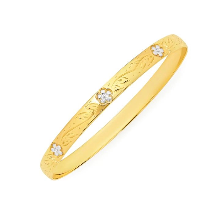 9ct Gold Two Tone 65mm Solid Flower Bangle