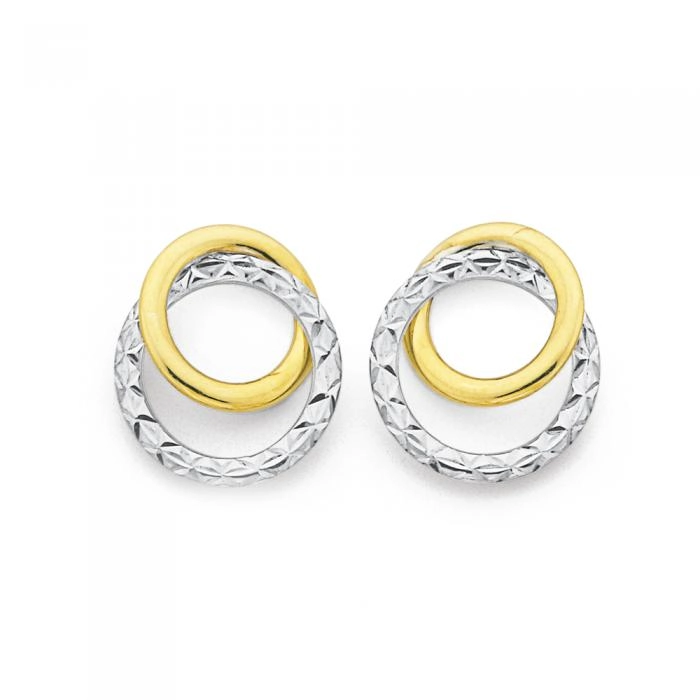 9ct Gold Two Tone Diamond-Cut Double Circle Stud Earrings