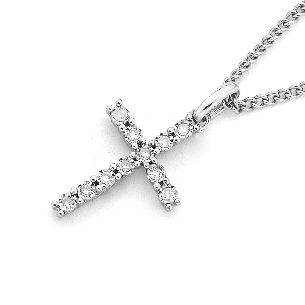 9ct White Gold Diamond Cross Pendant