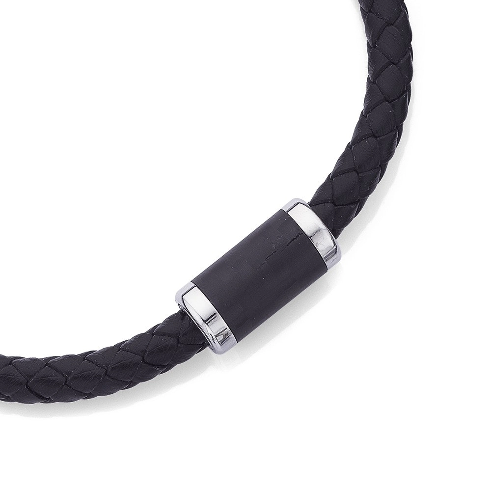 Stainless Steel 21.5cm Plait Leather with Black Clip Gents Bracelet