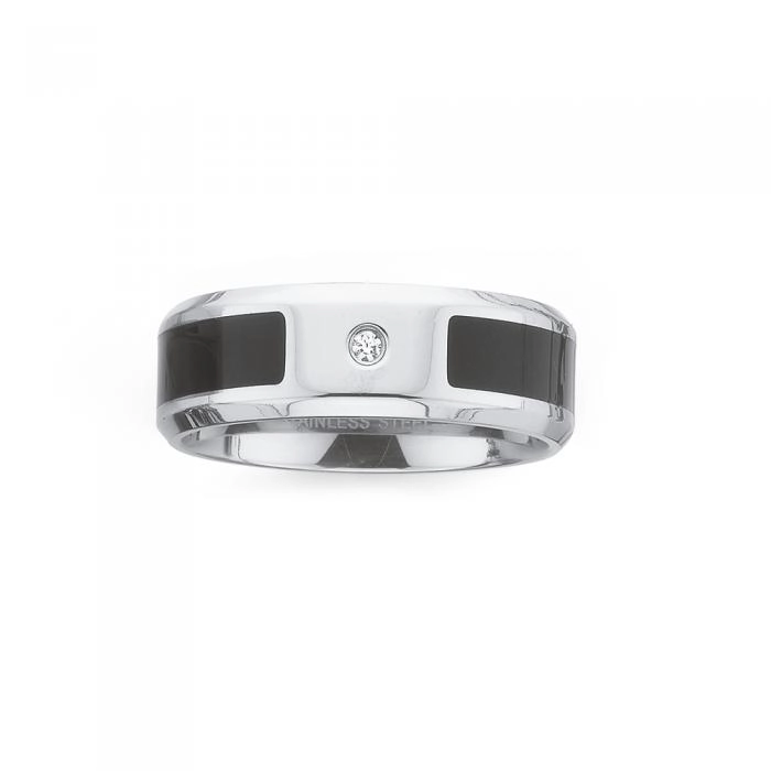 Stainless Steel Cubic Zirconia and Black Line Gents Ring