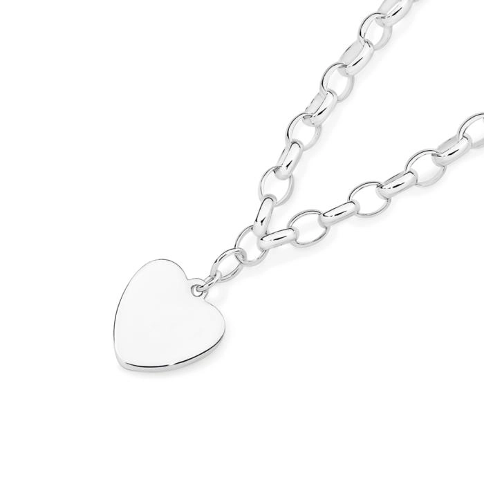 Sterling Silver 19cm Oval Belcher W/ Heart Disc Bracelet