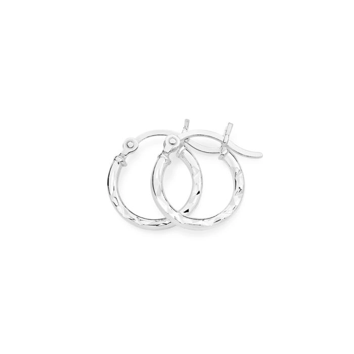 Sterling Silver 2x14mm Dia-Cut Hoop Earrings