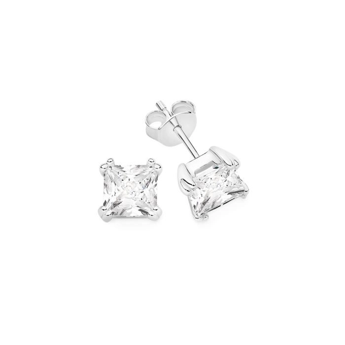 Sterling Silver 6mm Square Cubic Zirconia Double Claw Studs