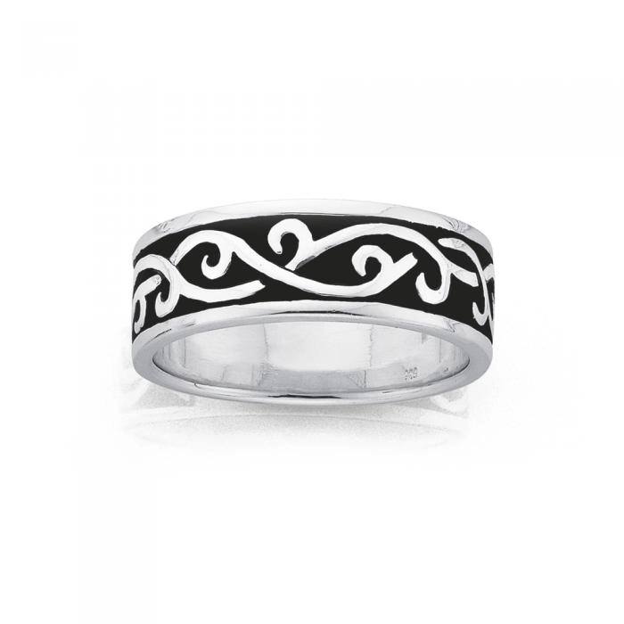 Sterling Silver 7.5mm Oxidised Swirl Gents Rings