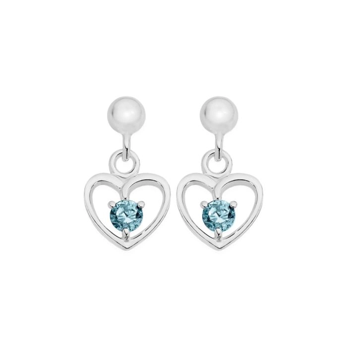 Sterling Silver Childs Blue Cubic Zirconia Heart Drop Earrings