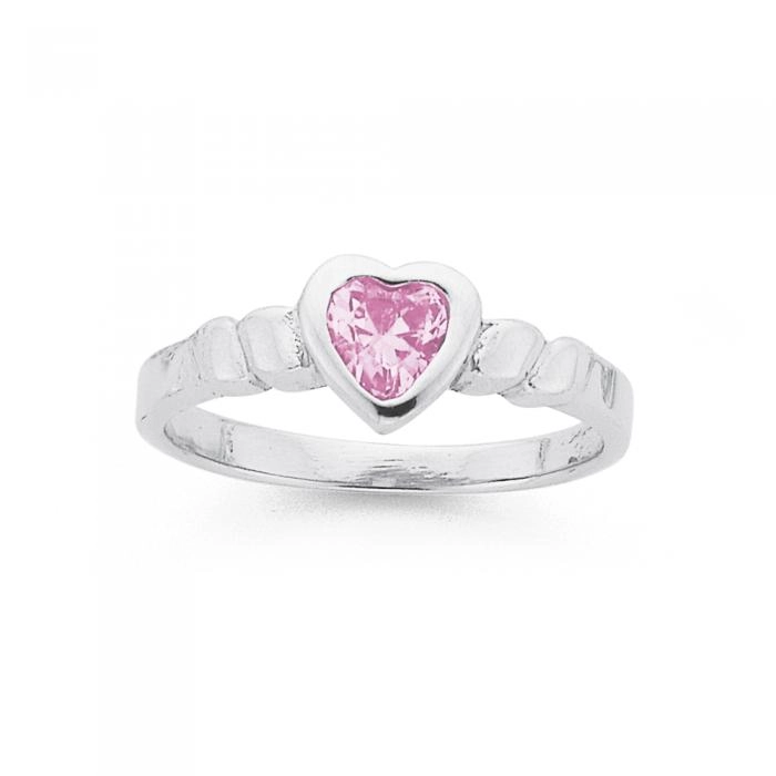 Sterling Silver Childs Pink Cubic Zirconia Heart Ring