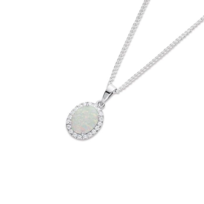 Sterling Silver Created Opal & Cubic Zirconia Oval Shaped Pendant