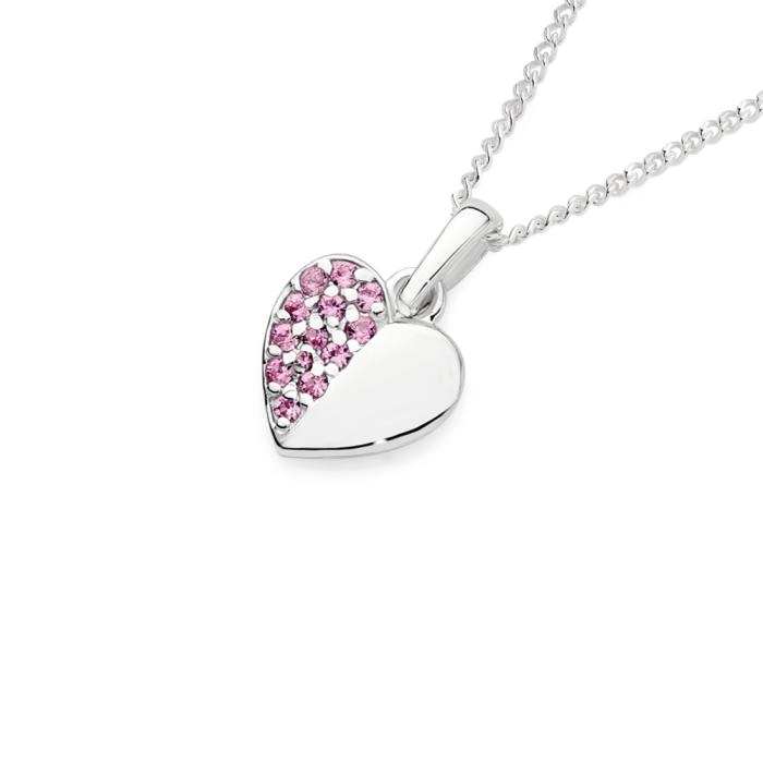 Sterling Silver Half Pink Cubic Zirconia Pave Heart Pendant