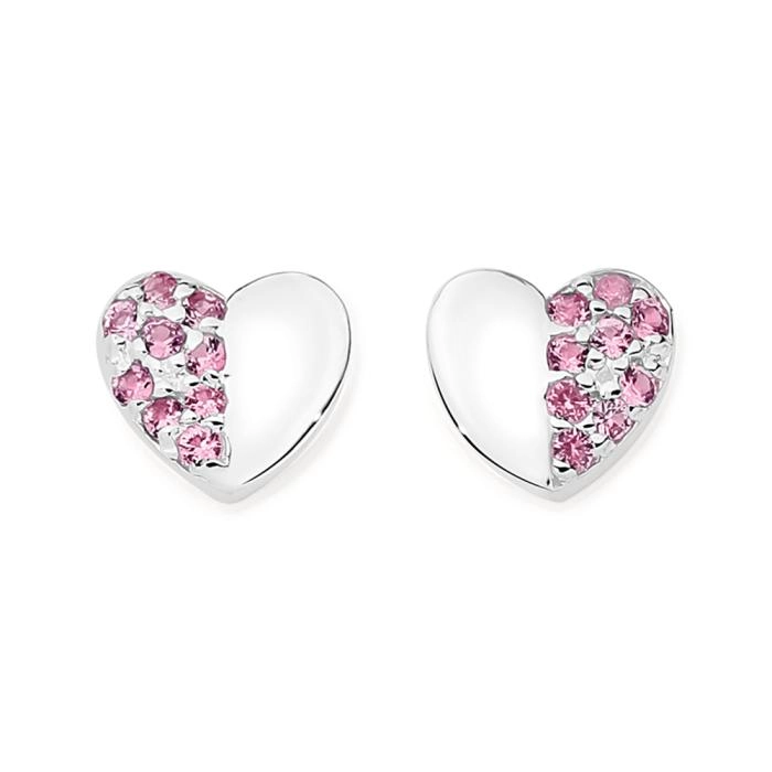 Sterling Silver Half Pink Cubic Zirconia Pave Heart Stud Earrings