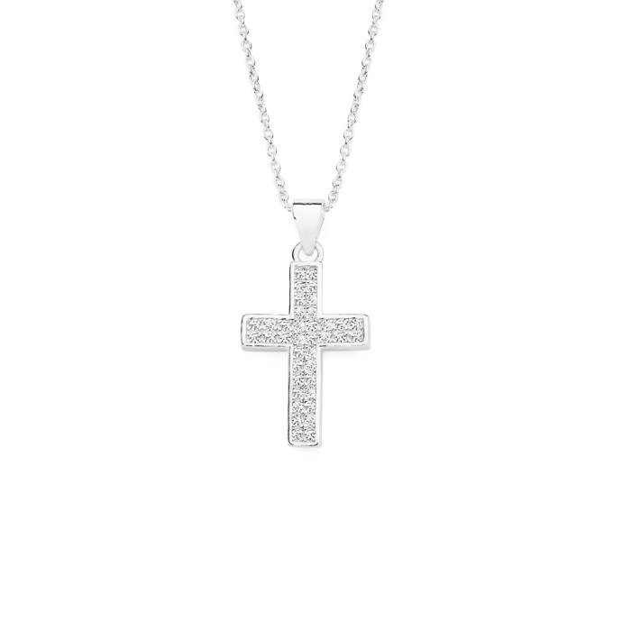 Sterling Silver Pave Cubic Zirconia & Polish Border Cross Pendant