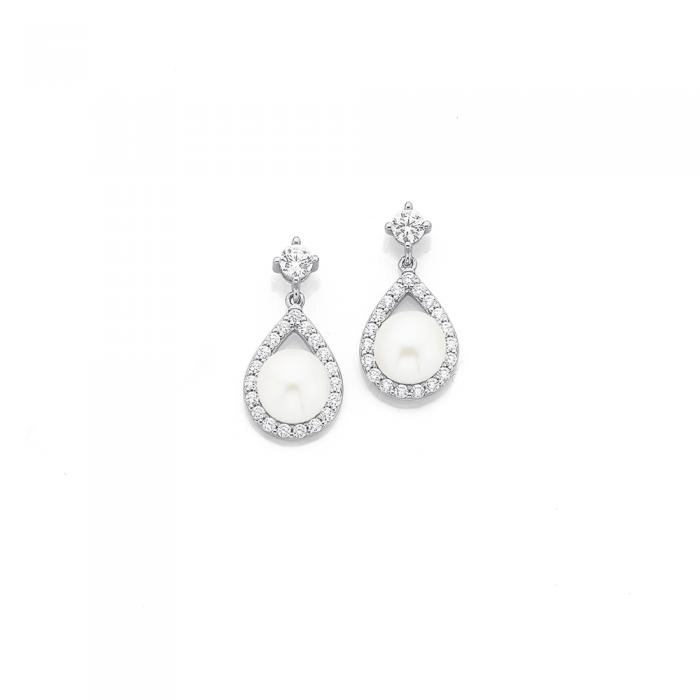 Sterling Silver Pearl and Cubic Zirconia Drop Earrings