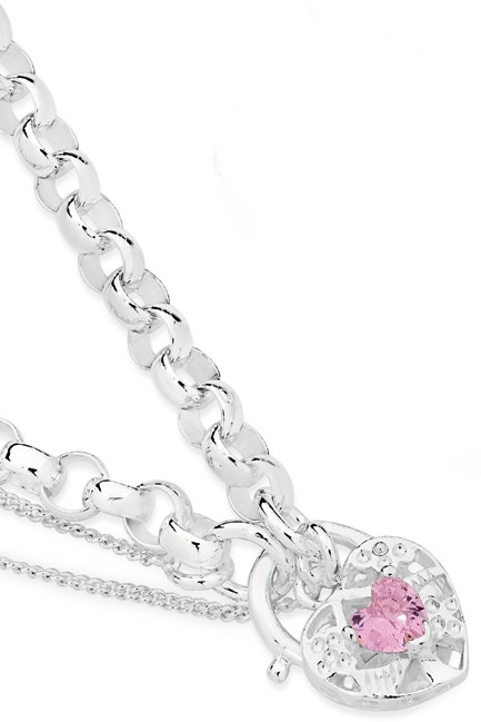 Sterling Silver Pink Cubic Zirconia Filigree Heart Padlock Bracelet