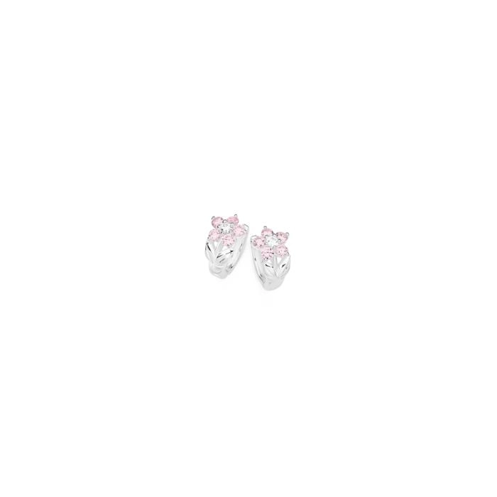 Sterling Silver Pink Cubic Zirconia Flower Huggie Earrings