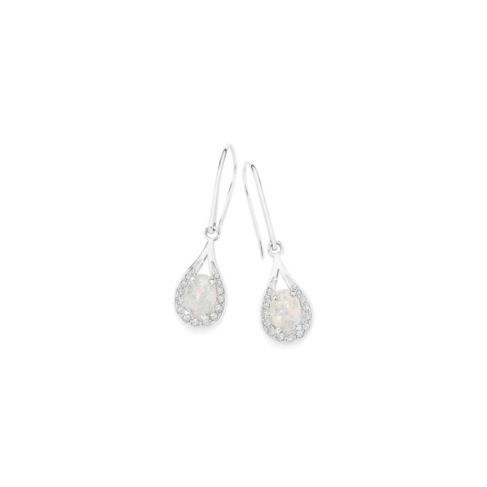 Sterling Silver Syn White Opal in Cubic Zirconia Open Pear Earrings