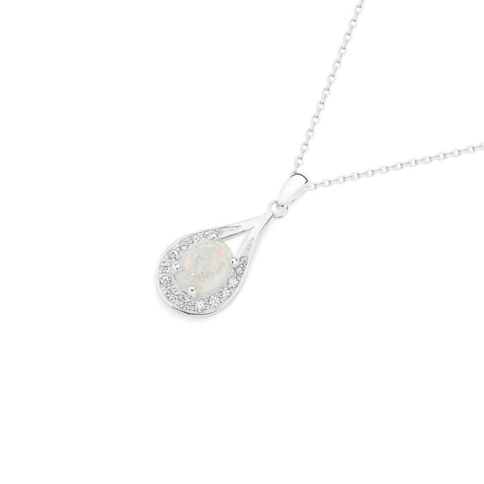 Sterling Silver Syn White Opal in Cubic Zirconia Open Pear Pendant