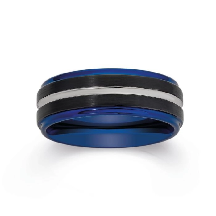 Tungsten Carbide Black with Blue Bevel Edges and Silver Line Gents Ring