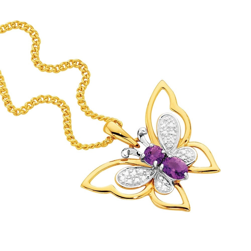 9ct Gold Amethyst & Diamond Butterfly Pendant