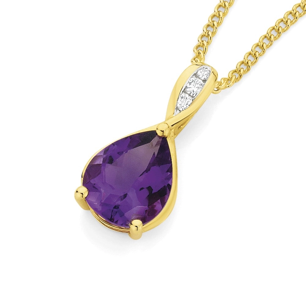 9ct Gold Amethyst & Diamond Pear Shape Pendant