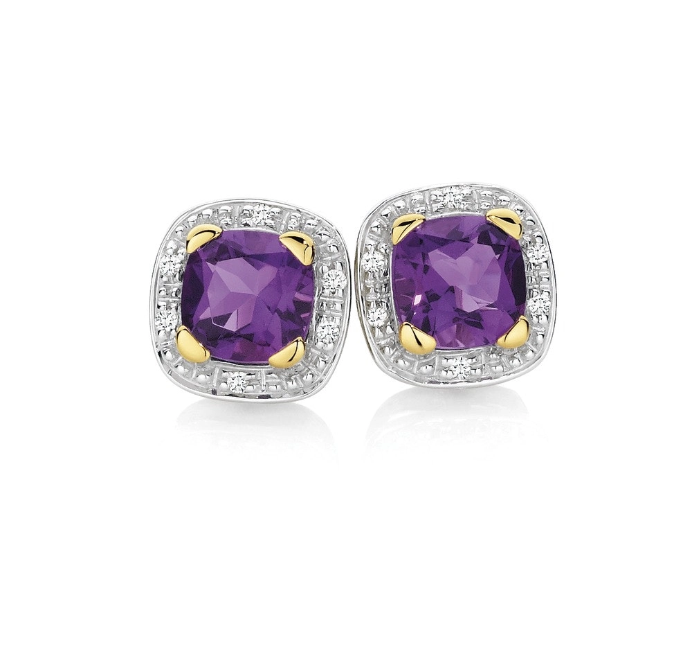 9ct Gold Amethyst & Diamond Studs