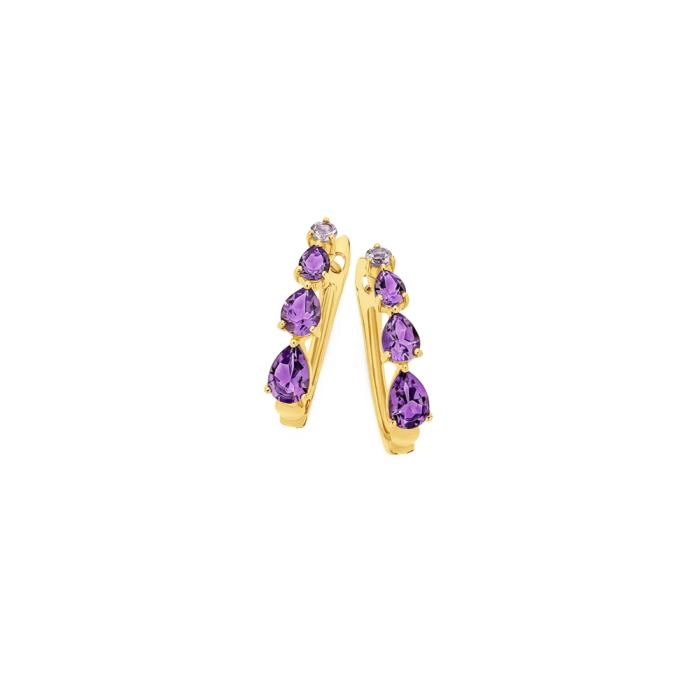 9ct Gold Amethyst Pear Graduated Lever Back Hoop Earrings