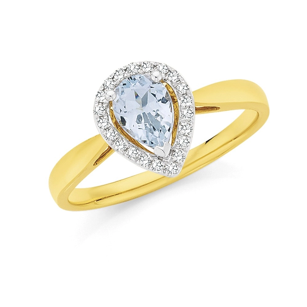 9ct Gold Aquamarine & Diamond Pear Frame Ring