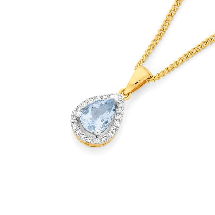 9ct Gold Aquamarine & Diamond Pear Pendant