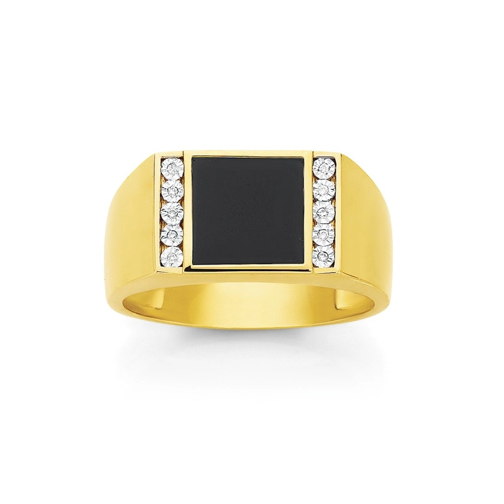 9ct Gold Black Agate & Diamond Square Top Gents Ring