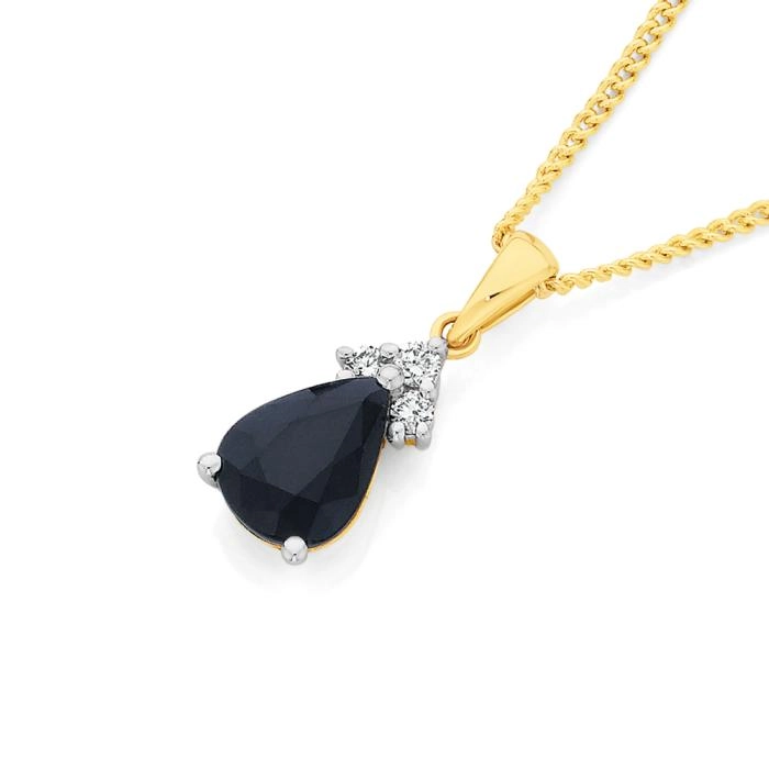 9ct Gold Black Sapphire & Diamond Pear Pendant