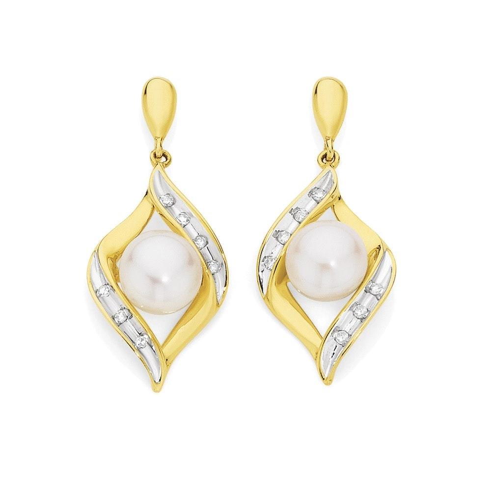 9ct Gold Cultured Fresh Water Pearl & Diamond Crossover Drop Earrings