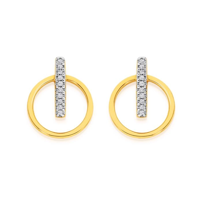 9ct Gold Diamond Bar Circle Stud Earrings