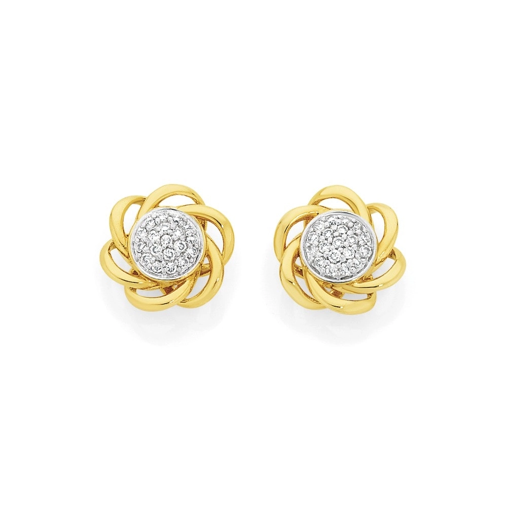 9ct Gold Diamond Cluster Multi Swirl Stud Earrings