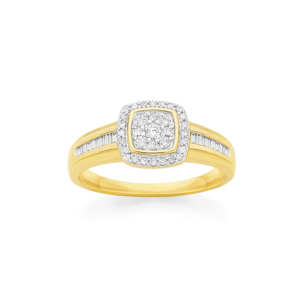 9ct Gold Diamond Cushion Shoulder Set Ring