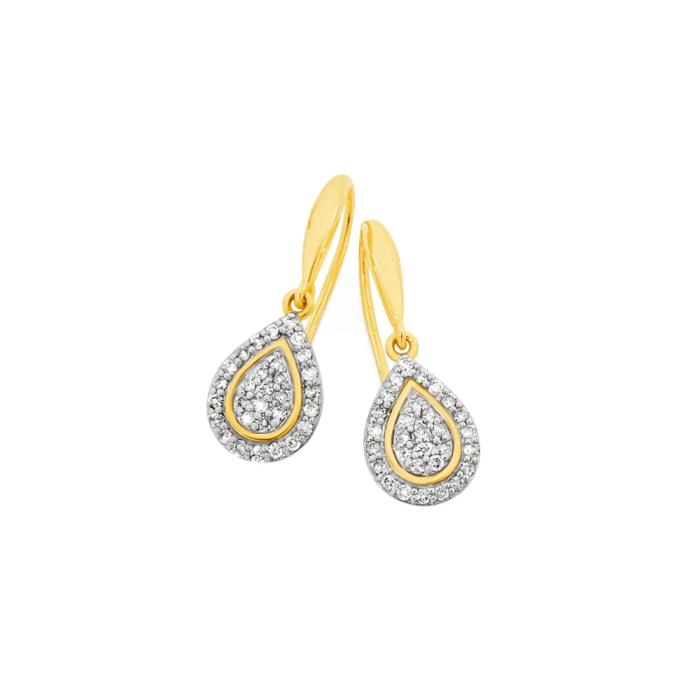 9ct Gold Diamond Pear Cluster Hook Earrings