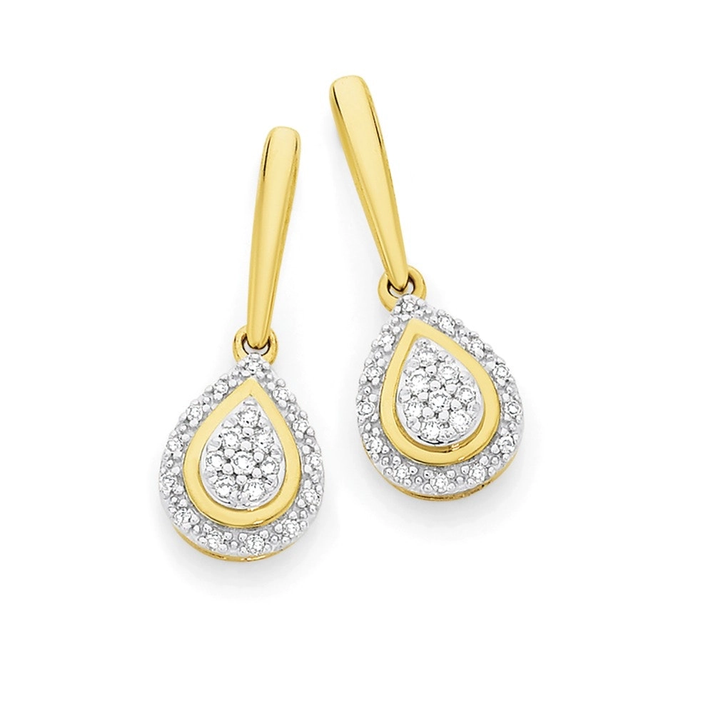 9ct Gold Diamond Pear Shape Drop Stud Earrings