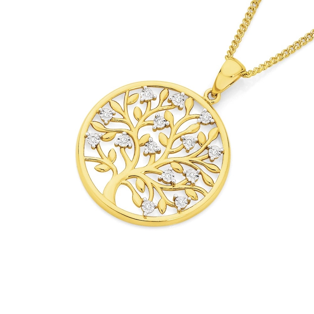 9ct Gold Diamond Tree of Life in Circle Pendant